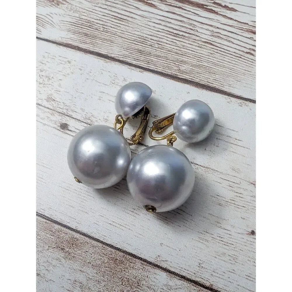 Vintage Clip On Earrings - Metallic Silver Tone Duo Ball Dangle